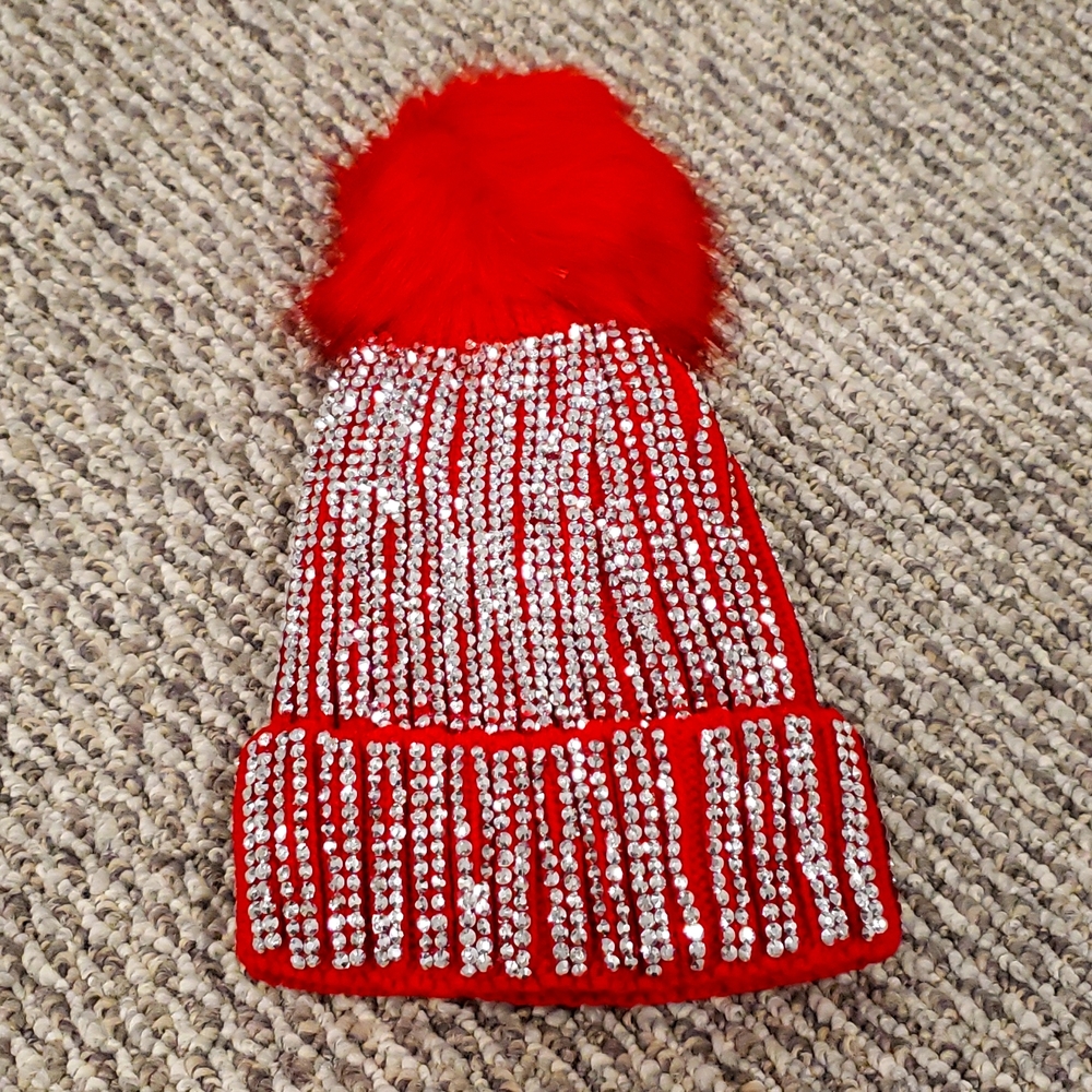 🆕️ Red Rhinestone PomPom Hat (NWT)